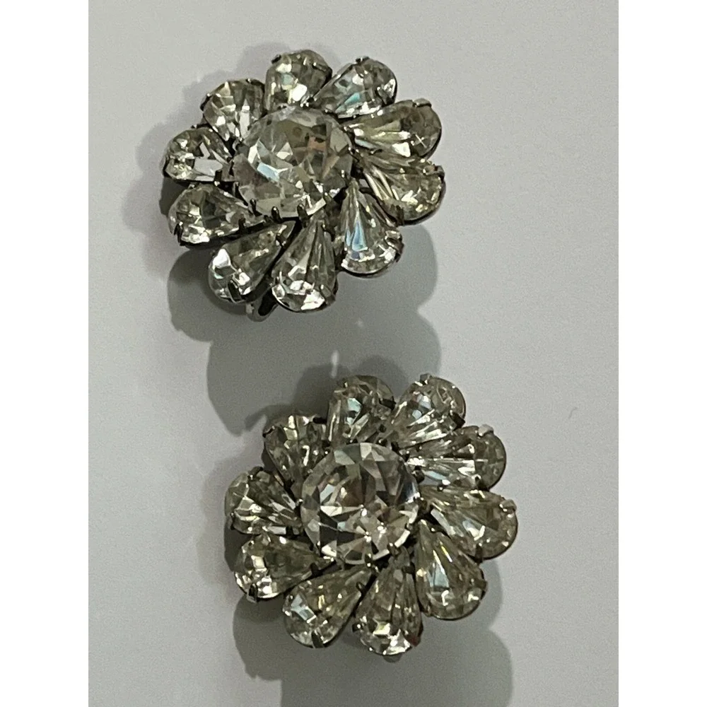 Vintage Rhinestones Clip On Earrings Jewelry Dressy Ice Classic Flowers Circles‎